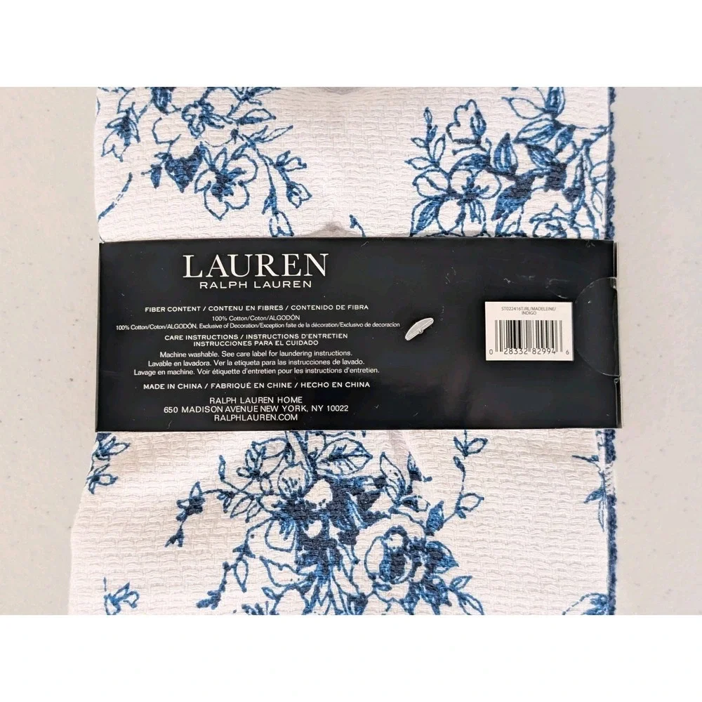 Lauren Ralph Lauren Kitchen Towels Set of 3 Blue Floral Stripe Indigo Cotton NWT